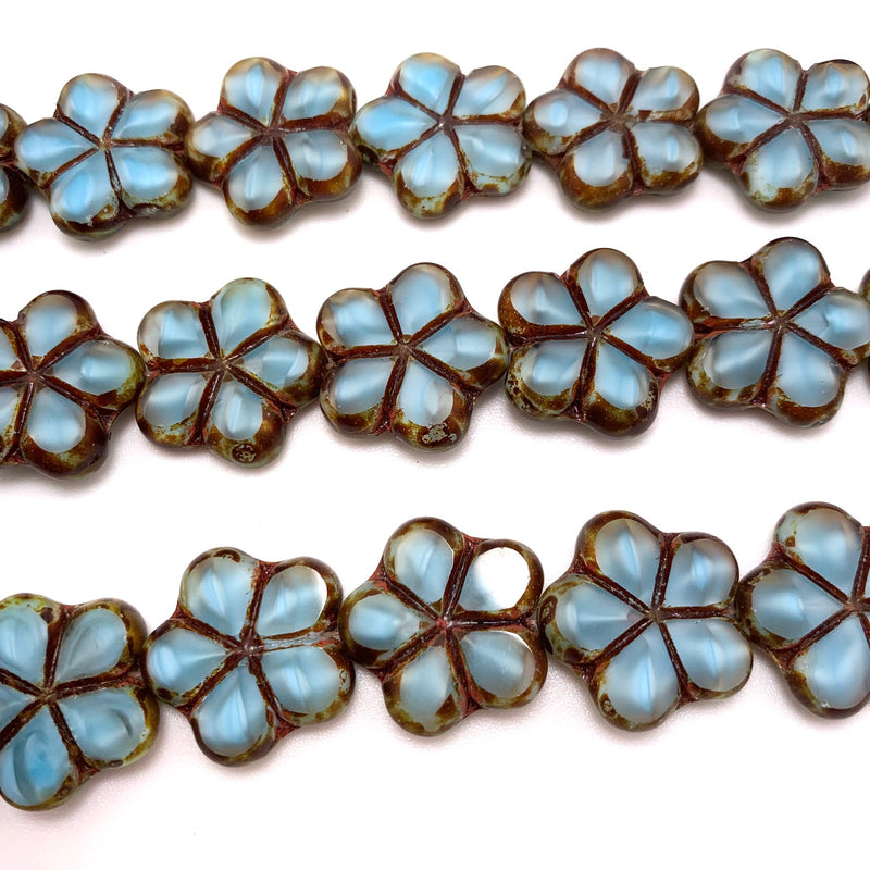 Flower Table Cut Czech Beads, Aqua Silk Travertine 17mm