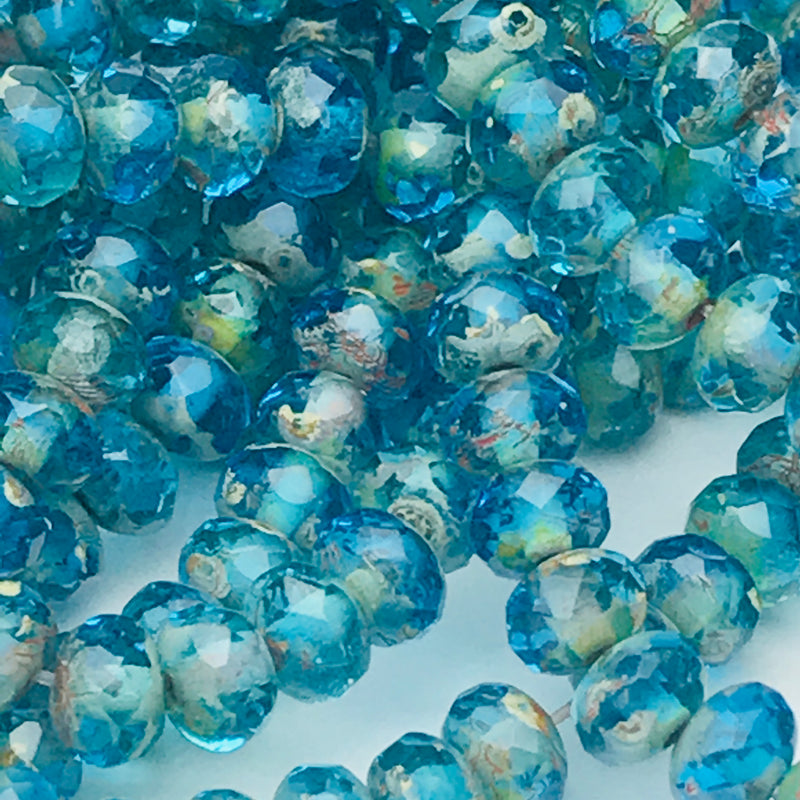 Rondelle Czech Glass Beads Pacific Blue w/ Picasso Finish 3x5mm