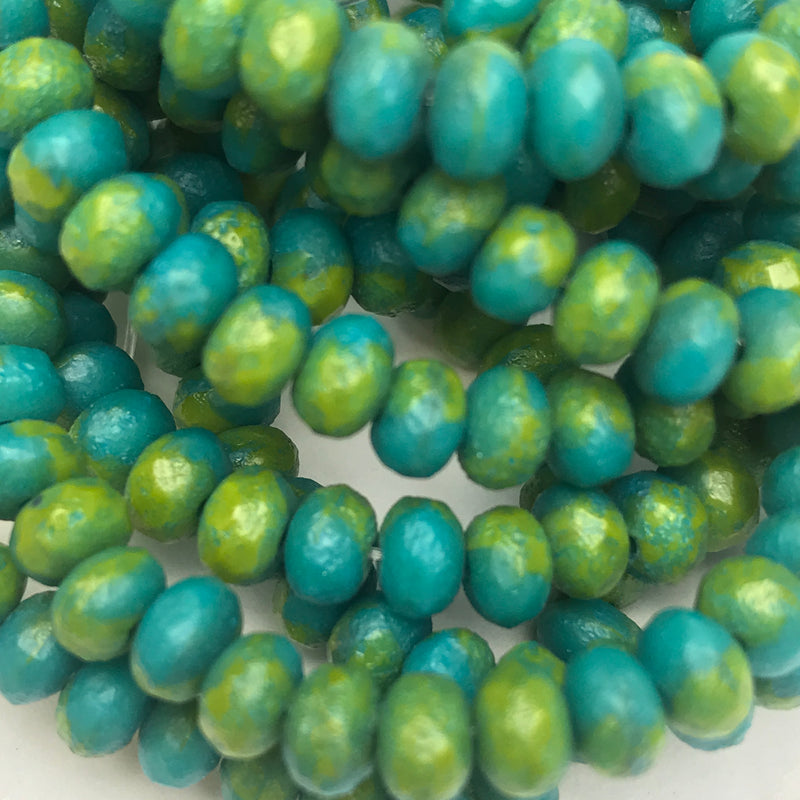 Rondelle Czech Glass Beads Blue/Green/Chartreuse w/ Etched Finish 3x5mm