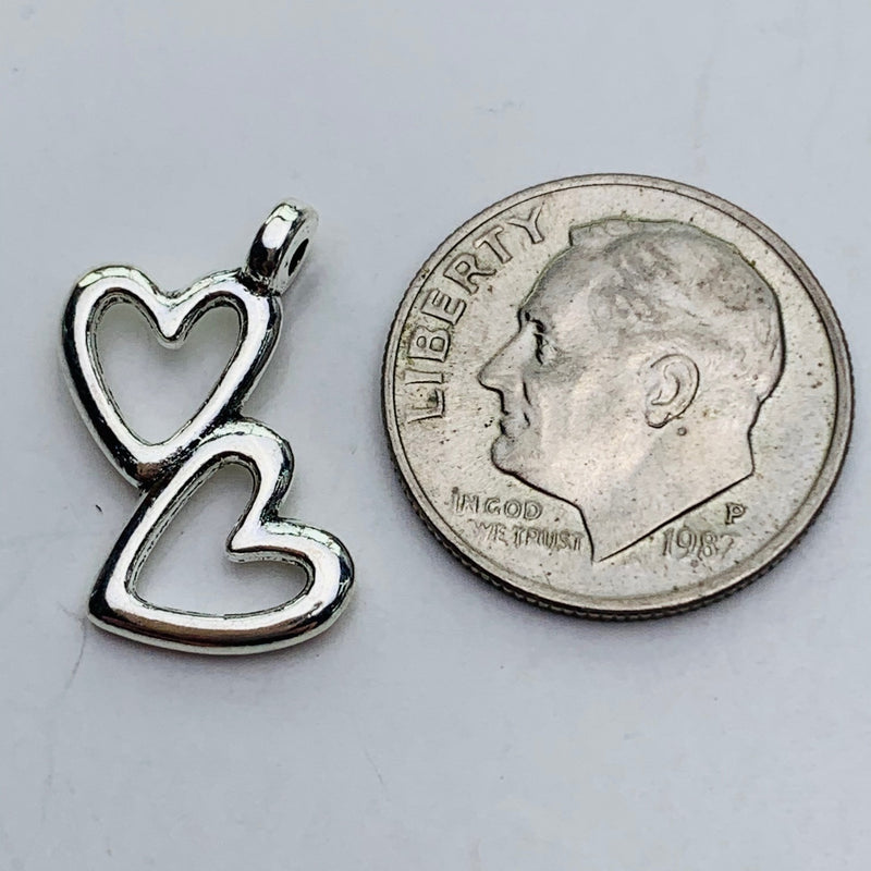 Hanging Double Heart Charm, Silver