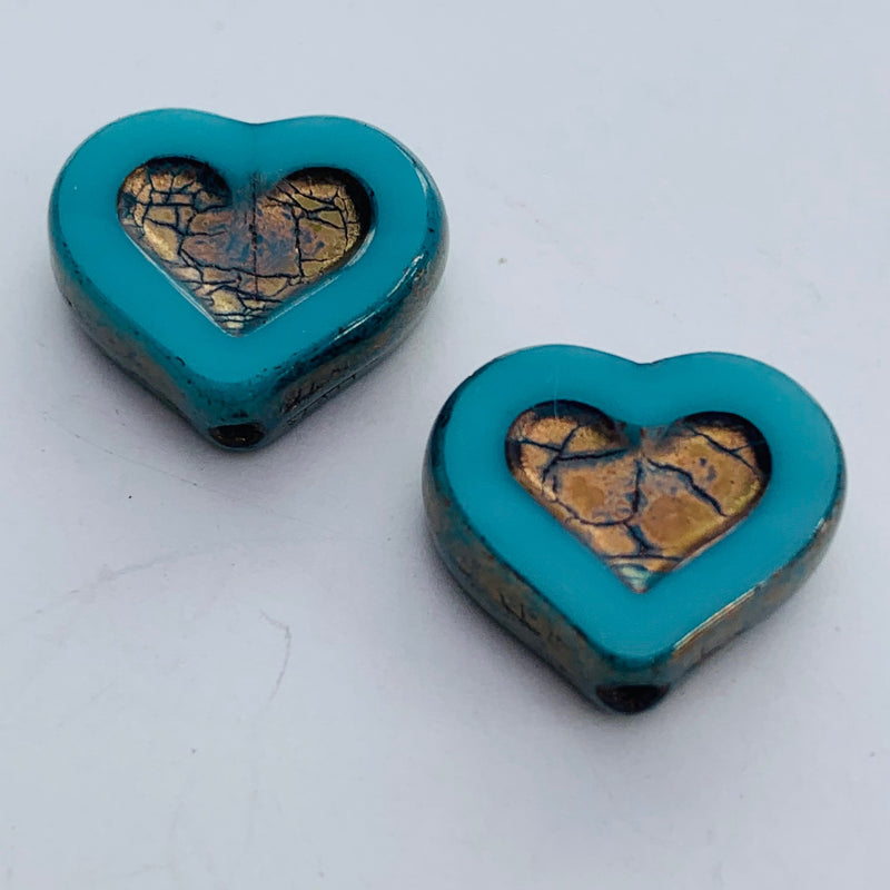 Heart Shaped Czech Glass Beads, Turquoise  12mm