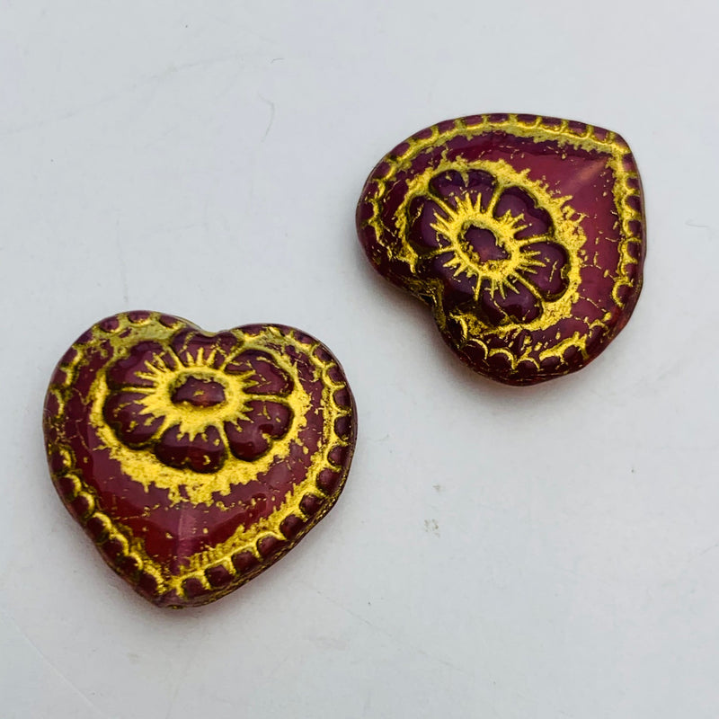 Vintage Heart Beads Czech Glass Red and Gold