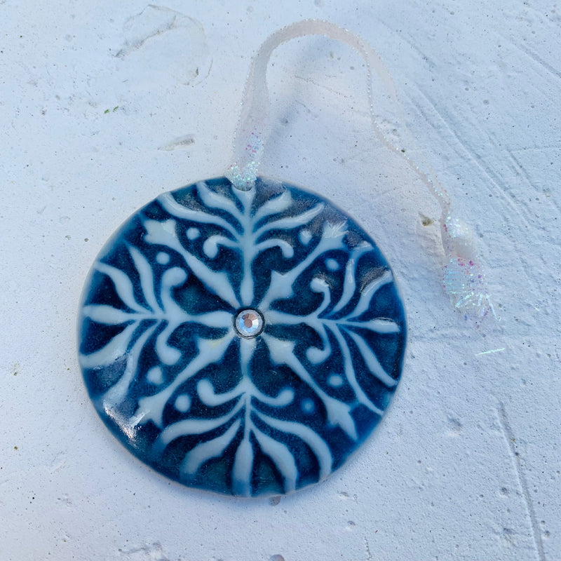 Snowflake Porcelain Ornament by Keith OConnor, White & Blue 2inch