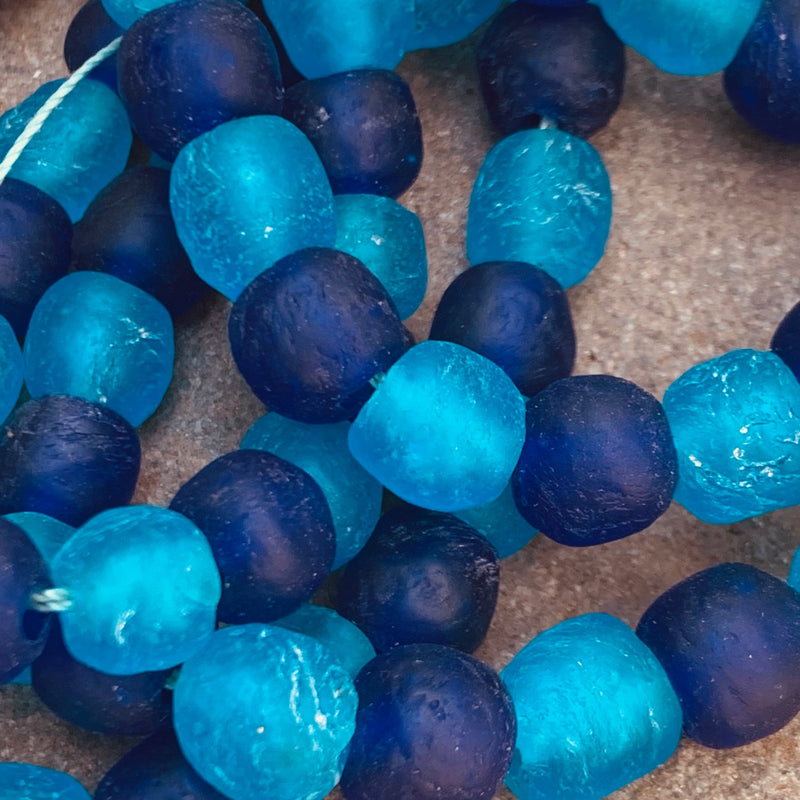 African Recycled Bottle Glass Beads, 12 mm Cobalt & Capri Blue