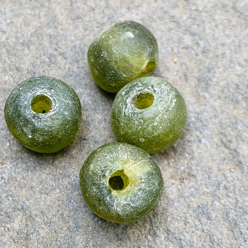African Recycled Bottle Glass Beads, 12mm Olive Green 6 beads