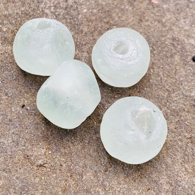 African Recycled Bottle Glass Beads, 12mm White 6 beads