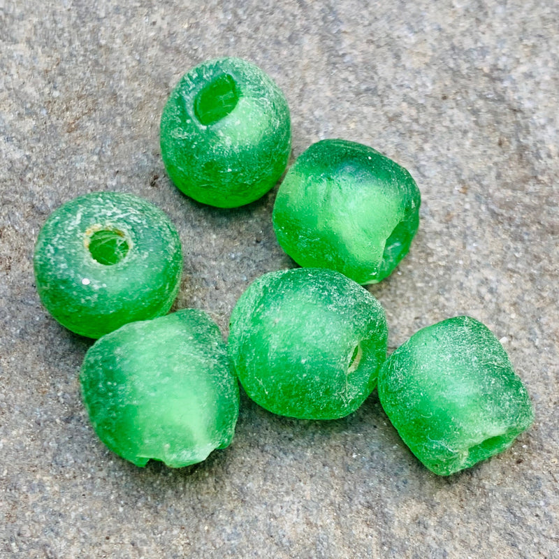 African Recycled Bottle Glass Beads, 11mm Green 8 beads