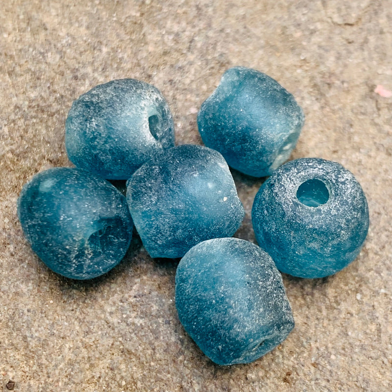 African Recycled Bottle Glass Beads, 11mm Blue 8 beads