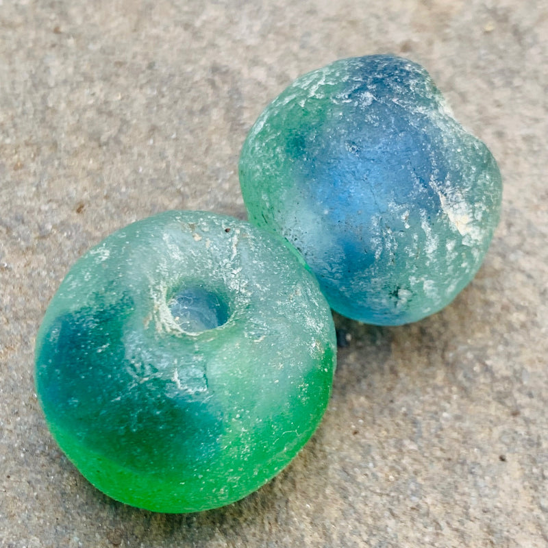 African Recycled Bottle Glass Beads, 18mm Blue Green