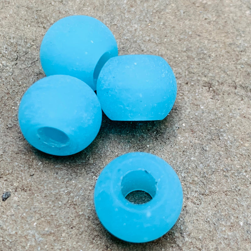 Tumbled Sea Glass Round Beads Frosted Blue,  4 Beads