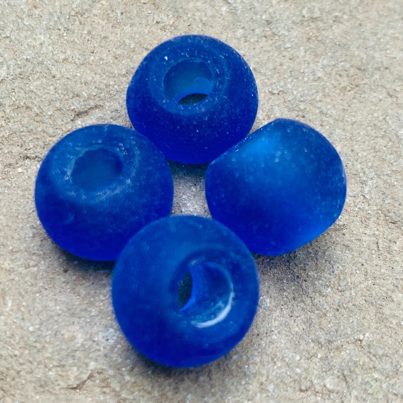 Tumbled Sea Glass Round Beads Frosted Navy,  4 Beads