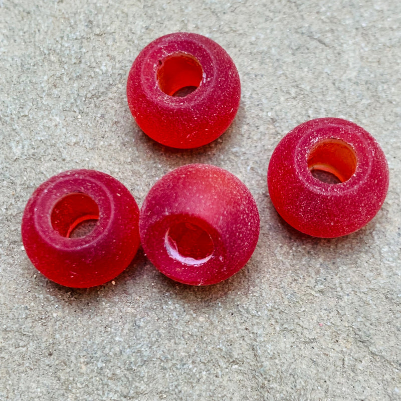 Tumbled Sea Glass Round Beads Frosted Red,  4 Beads