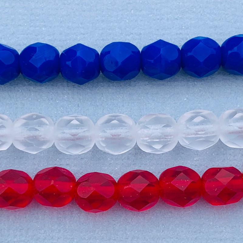 6 mm Fire Polish Czech Glass Beads, Red White & Blue Mix