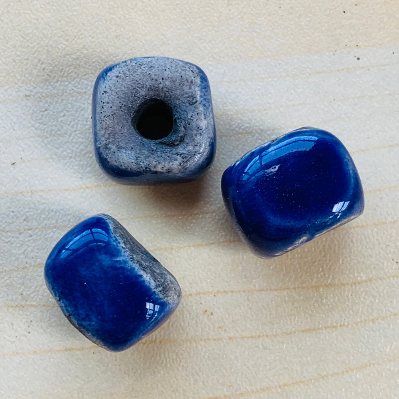 Large Ceramic Raku Cube Bead by Keith OConnor, Blue 12mm
