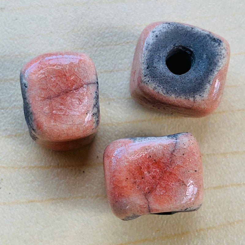 Large Ceramic Raku Cube Bead by Keith OConnor, Pink 12mm