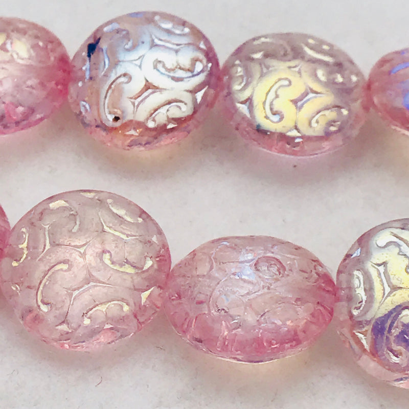Button Coin Czech Beads, Light Pink AB 13mm