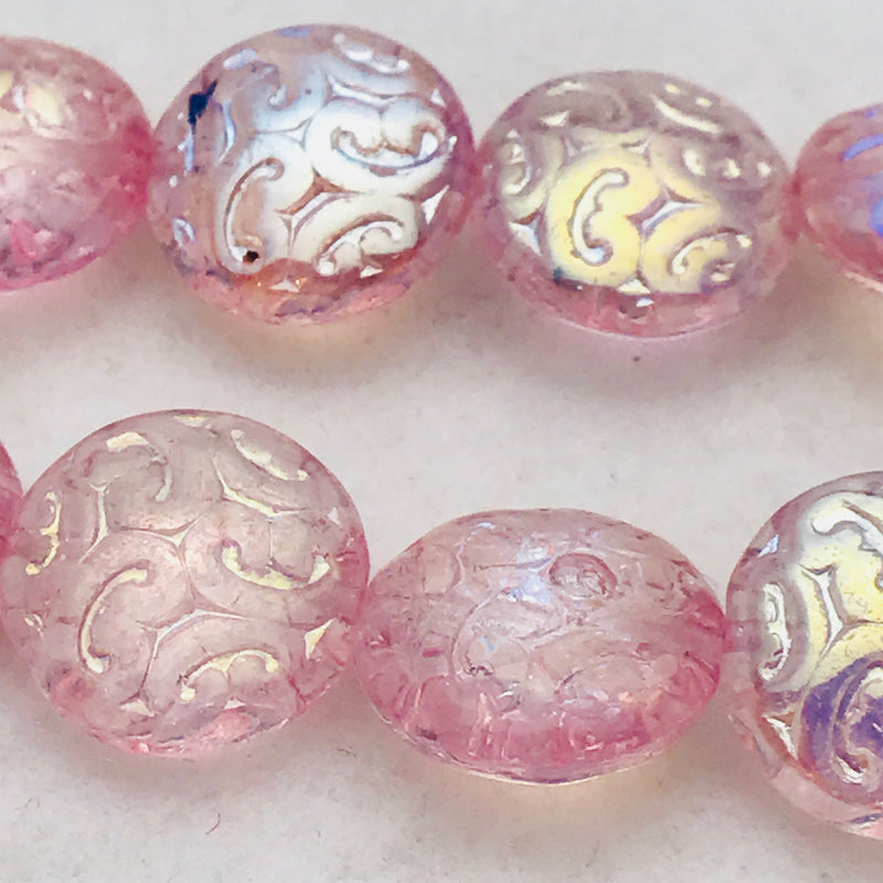 Button Coin Czech Beads, Light Pink AB 13mm