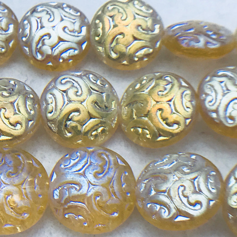 Button Coin Czech Beads,Light Topaz AB 13mm