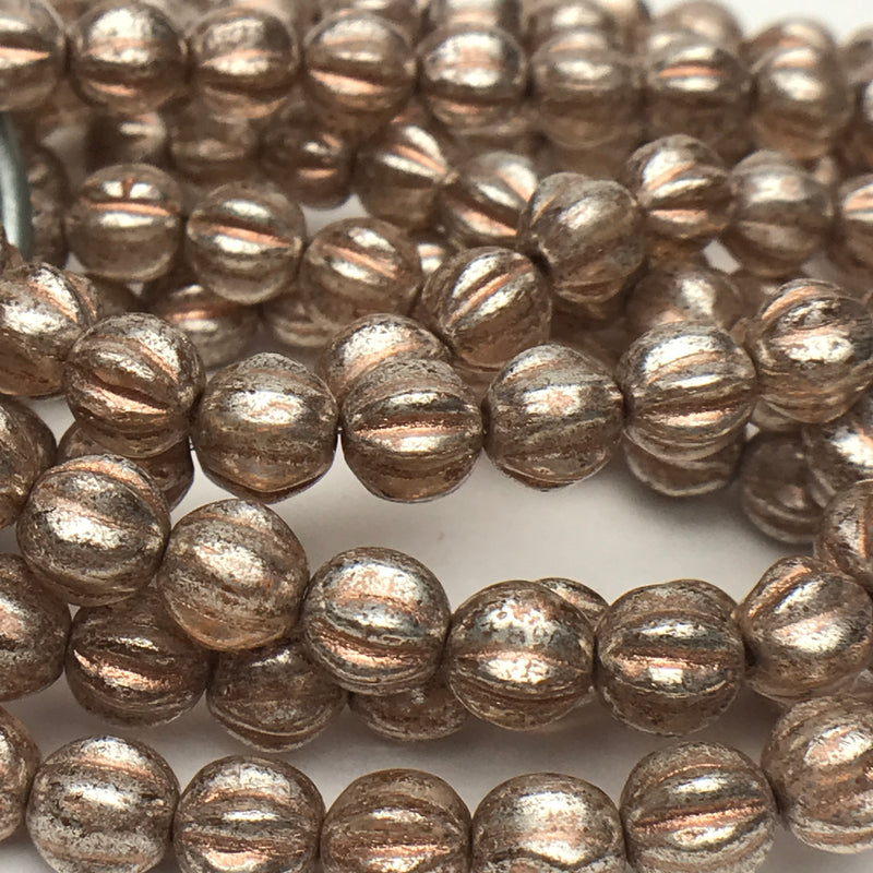 Melon Czech Glass Beads Peach with Mercury and Cooper Wash 6mm