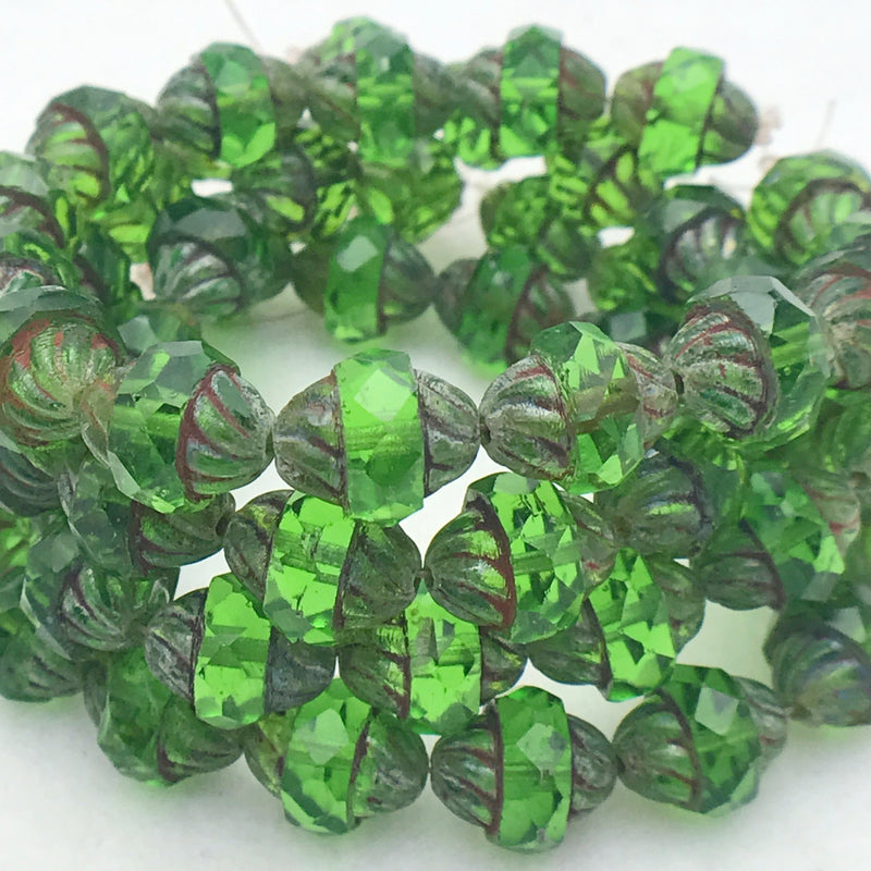 Turbine Czech Glass Bead Kelly Green with Picasso,11x10mm