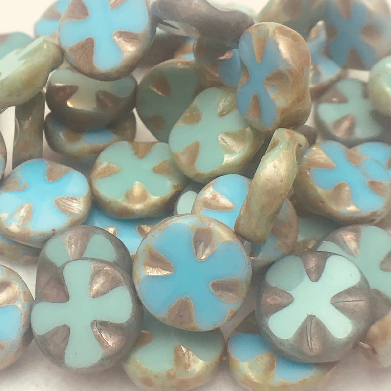 Medieval Cross Coin Table Cut Beads, Green Mix