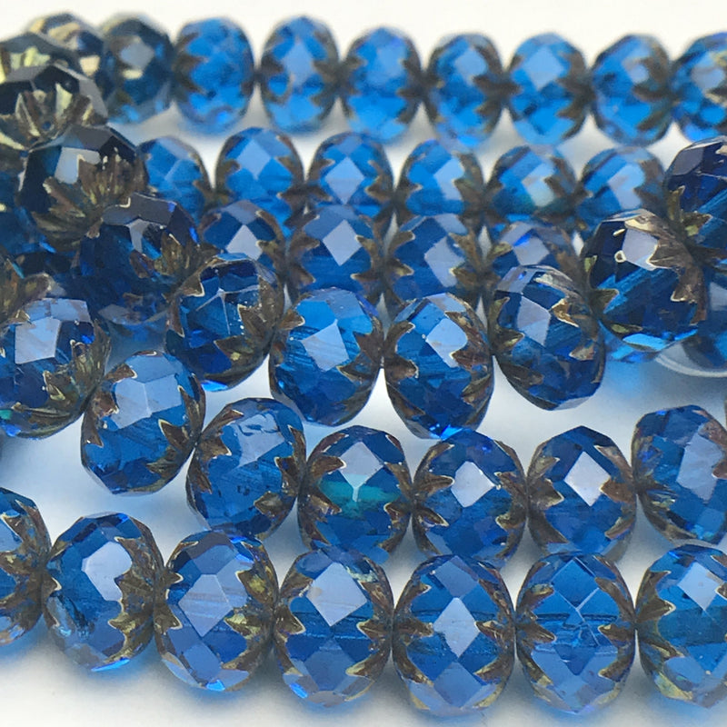Crueller Czech Glass Beads 6x9 Pacific Blue with Picasso
