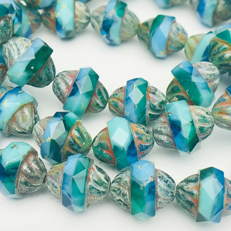 Turbine Czech Bead Sea Green & Sky Blue with Picasso 11x10mm