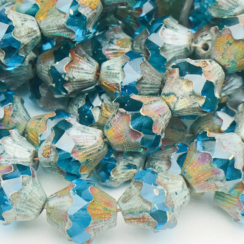 Baroque Bicone Czech Beads  13x11mm Sky Blue with Picasso Finish