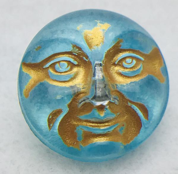 Moon Face Czech Button 18mm Aqua with Gold