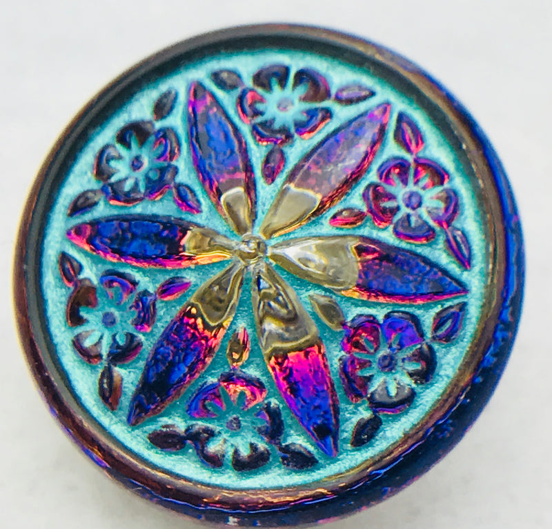 Star Flower Czech Button 18mm Volcano Vitral Turquoise