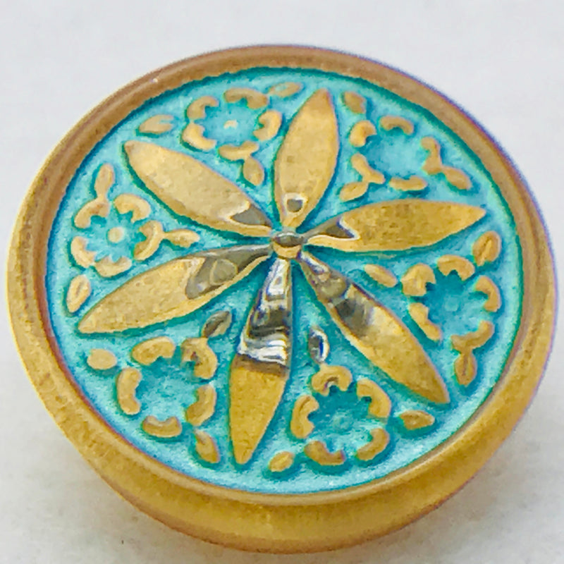 Star Flower Czech Button 18mm Gold Turquoise