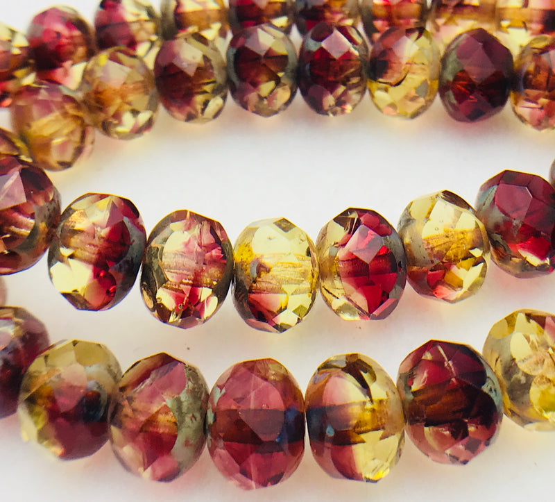 Rondelle Czech Glass Beads 7x5mm redish yellow mix