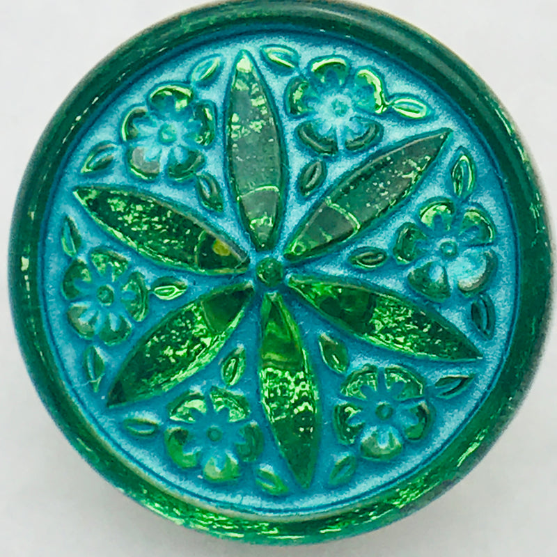Star Flower Czech Button 18mm Peridot with Turquiose