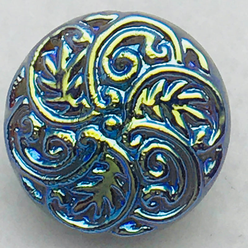 Swirly Leaf Motif Czech Button 13mm Vitral Blue Purple