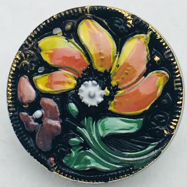 Painted Flower Czech Button 18mm Black