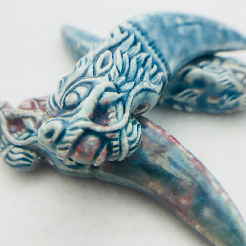 Dragon Head Ceramic Claw Pendant, Blue Raku