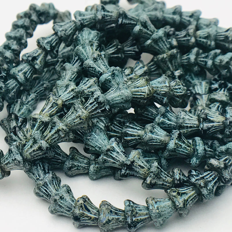 Black w/ Picasso & Turquoise Wash Czech Glass Flowers 5x6mm