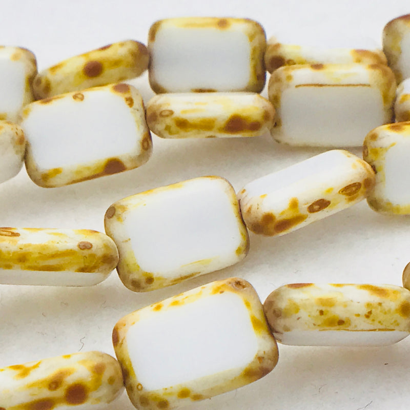 Rectangle Table Cut Czech Glass, White Picasso, 12x8mm