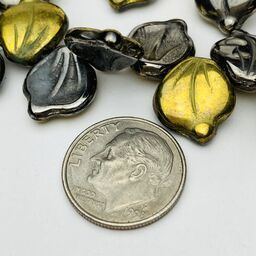 Leaf Czech Glass Beads, 12x14mm, Gold Blue Hematite