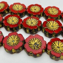 Hibiscus Flower Table Cut Czech Beads, 12mm, Red