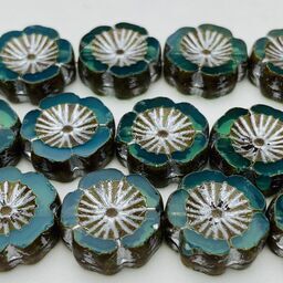 Hibiscus Flower Table Cut Czech Beads, 12mm, Aqua Opaline