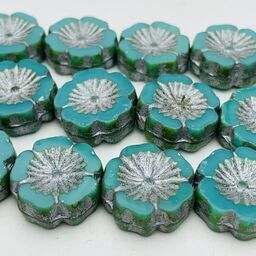 Hibiscus Flower Table Cut Czech Beads, 12mm, Turquoise