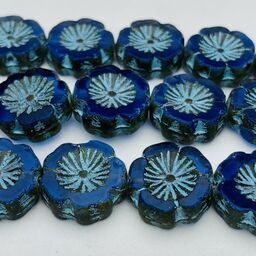 Hibiscus Flower Table Cut Czech Beads, 12mm, Royal Blue
