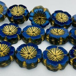 Hibiscus Flower Table Cut Czech Beads, 12mm, Royal Blue