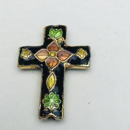 Cloisonne Cross Bead, Black and Orange 23mm