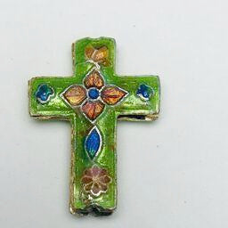 Cloisonne Cross Bead, Green and Orange 23mm
