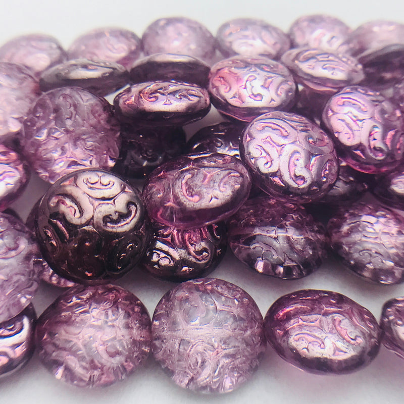 Button Coin Czech Beads, Crystal Purple Luster 13mm