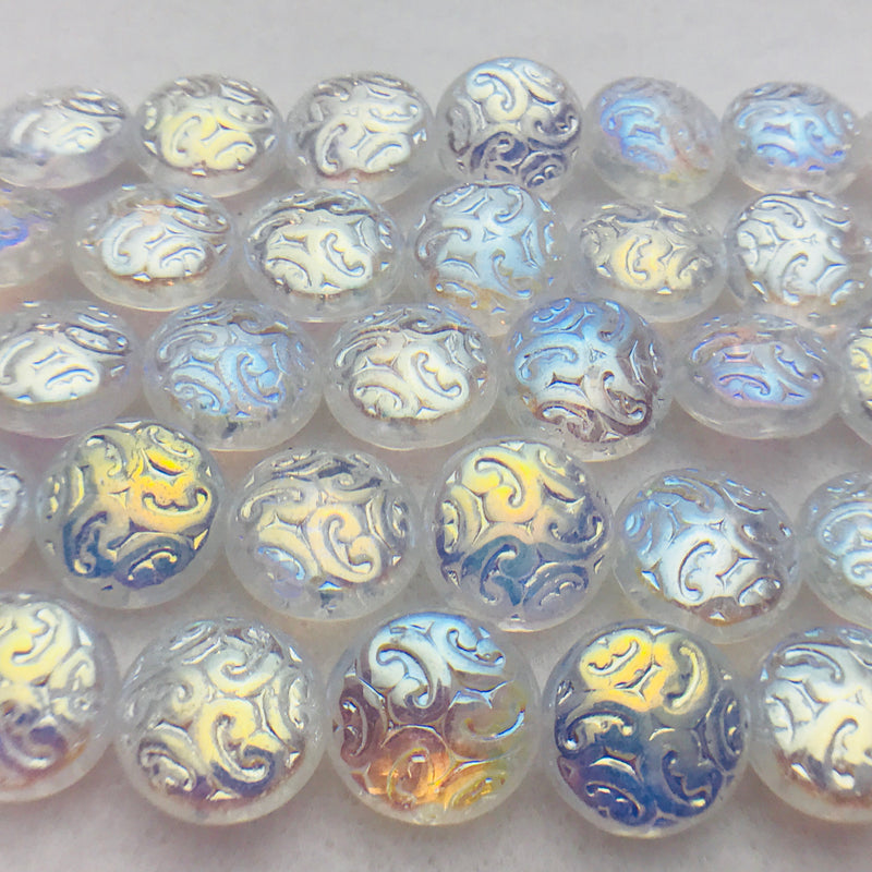 Button Coin Czech Beads, Crystal AB Ornamental 13mm