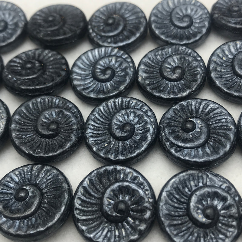 Nautilus Coin Czech Beads, 18mm, Black