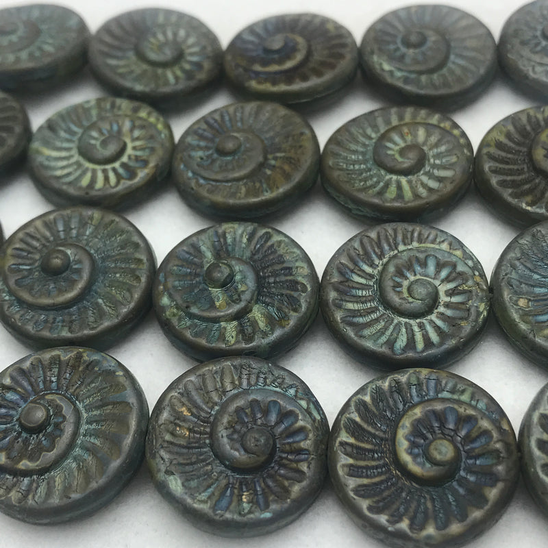 Nautilus Coin Czech Beads, 18mm, Black Green